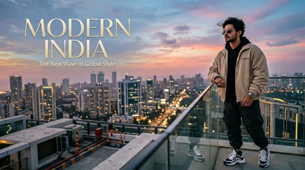 stylish young Indian man standing on a skyscraper rooftop during sunset, wearing beige oversized streetwear jacket, luxury sunglasses, modern sneakers, premium watch, wind-blown outfit, glowing orange and blue sky, futuristic city skyline background, cinematic fashion photography, ultra realistic face details, luxury lifestyle aesthetic, soft depth of field, dramatic lighting, modern magazine cover composition, clean space for title text, high-end editorial style